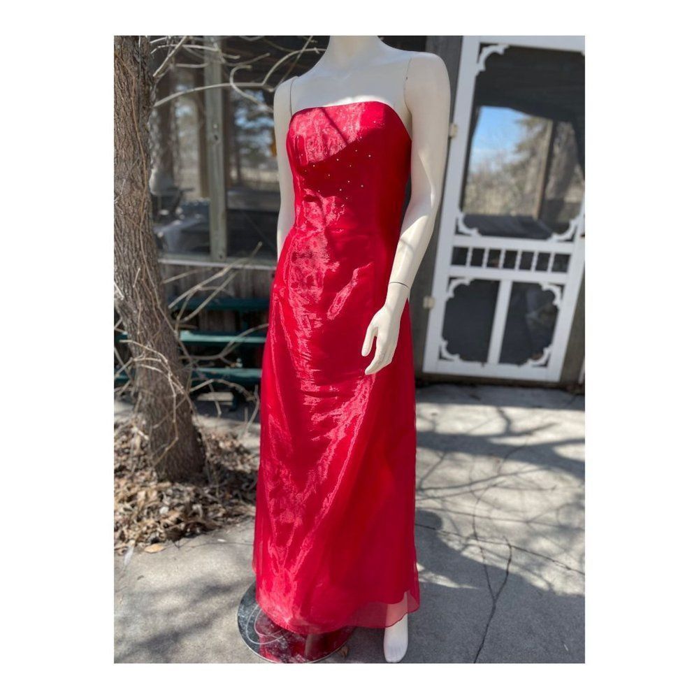 Vintage 90s Jessica McClintock for Gunne Sax Strapless Formal Maxi Dress Red Bea